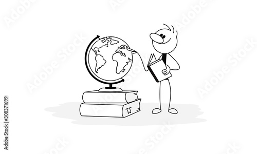 Doodle stick figure: Man or teacher with book points to a globe.