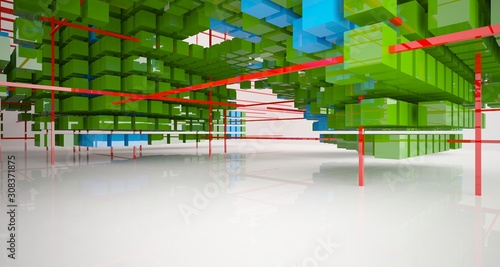 Abstract white interior from array colored cubes with window. 3D illustration and rendering. © SERGEYMANSUROV