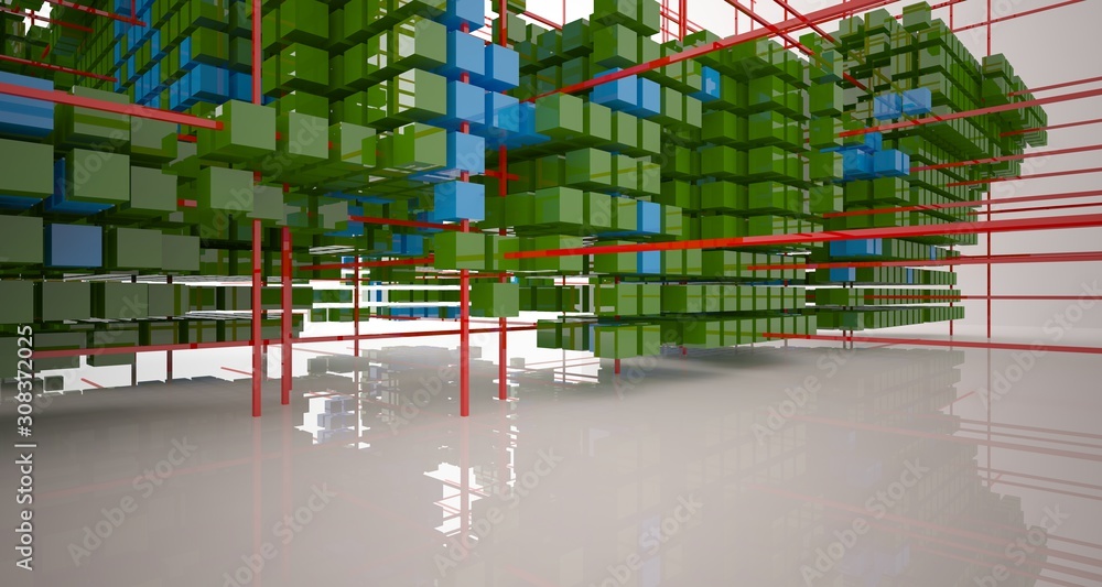 Obraz premium Abstract white interior from array colored cubes with window. 3D illustration and rendering.