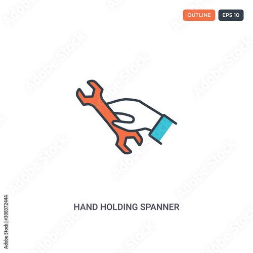 2 color Hand holding spanner concept line vector icon. isolated two colored Hand holding spanner outline icon with blue and red colors can be use for web, mobile. Stroke line eps 10.