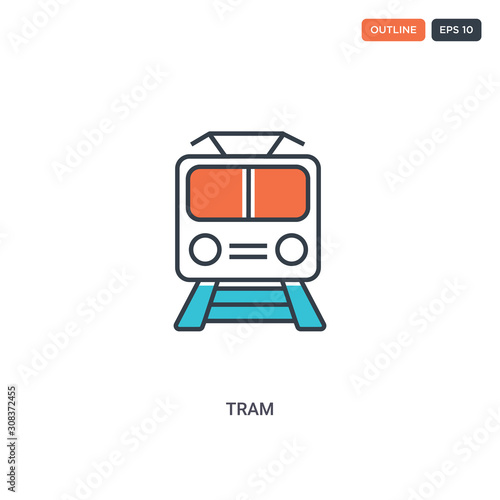 2 color Tram concept line vector icon. isolated two colored Tram outline icon with blue and red colors can be use for web, mobile. Stroke line eps 10.