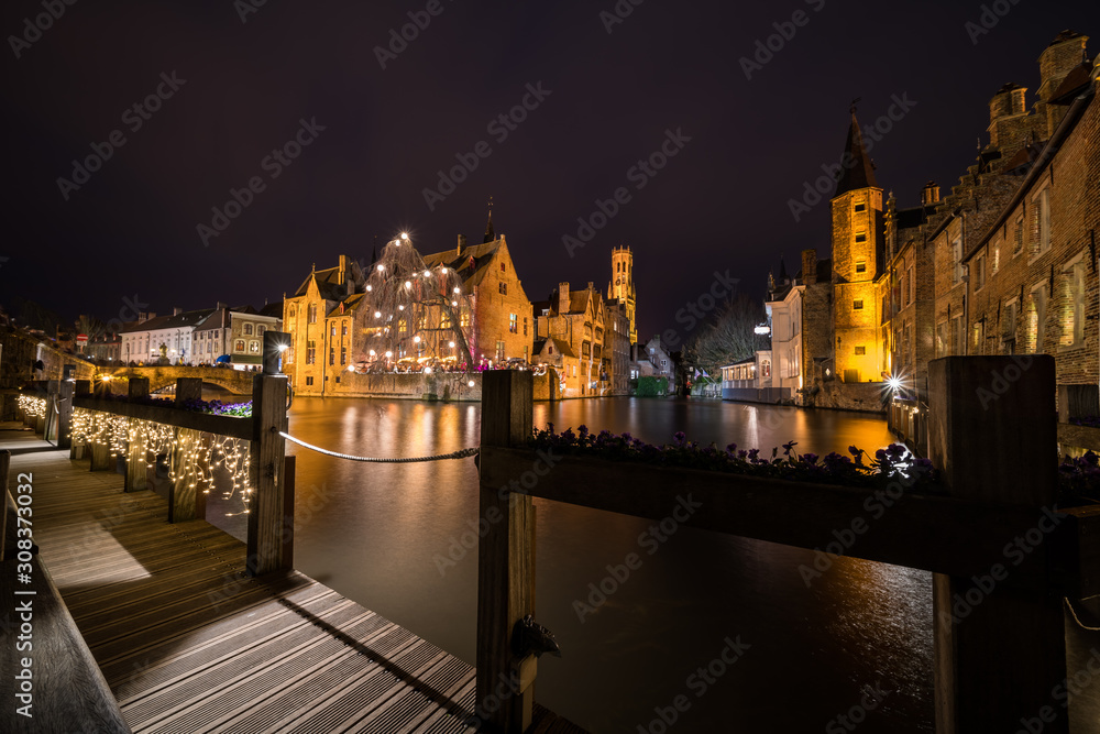 Perez de Malvenda house and Belfry of Bruges during the Christmas period Perez de Malvenda house and Belfry of Bruges during the Christmas period