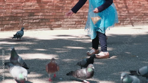 slow motion, Children are feeding pigeons. photo