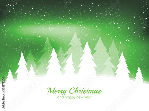 Winter landscape green background with winter tree