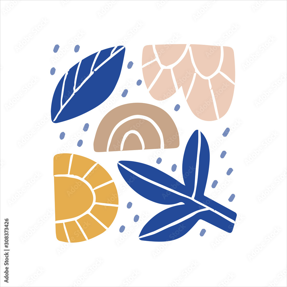 Abstract modern art composition hand drawn vector illustration. Minimalistic leaf and colorful shapes