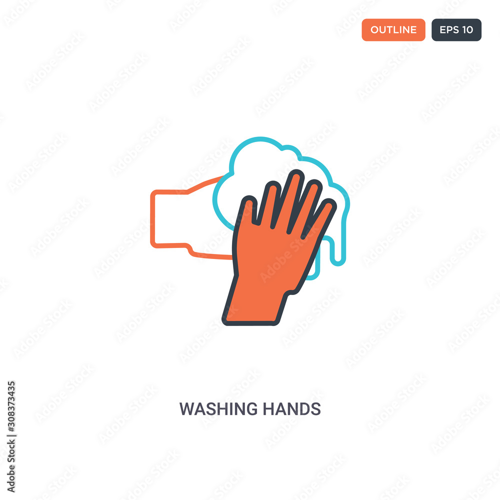 Fototapeta premium 2 color WASHING HANDS concept line vector icon. isolated two colored WASHING HANDS outline icon with blue and red colors can be use for web, mobile. Stroke line eps 10.