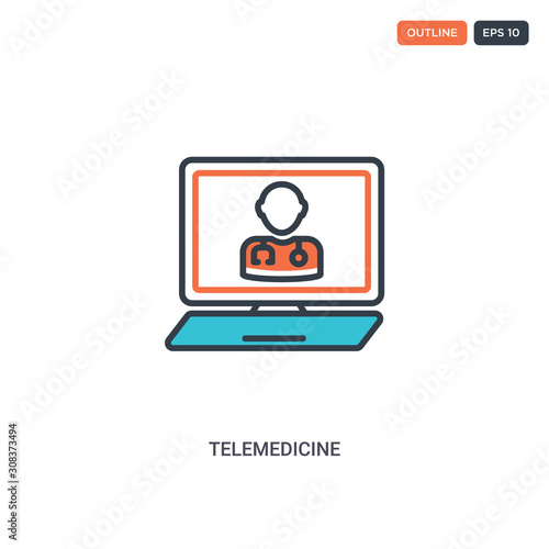 2 color telemedicine concept line vector icon. isolated two colored telemedicine outline icon with blue and red colors can be use for web, mobile. Stroke line eps 10.