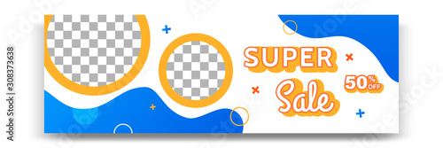 Abstract gradient modern geometric banner template design in blue, yellow, orange color. Suitable for advertising and promotion in social media post, blog, web, cover, header. Vector Illustration. 