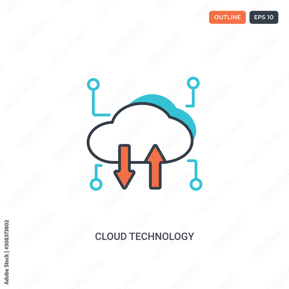 2 color cloud technology concept line vector icon. isolated two colored cloud technology outline icon with blue and red colors can be use for web, mobile. Stroke line eps 10.