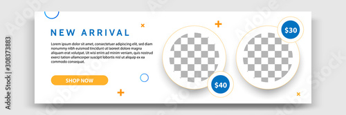 Abstract gradient modern geometric banner template design in blue, yellow, orange color. Suitable for advertising and promotion in social media post, blog, web, cover, header. Vector Illustration. 