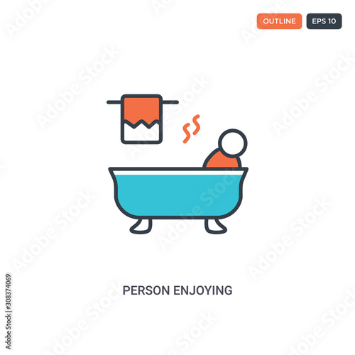 2 color Person enjoying jacuzzi bath concept line vector icon. isolated two colored Person enjoying jacuzzi bath outline icon with blue and red colors can be use for web, mobile. Stroke line eps 10.