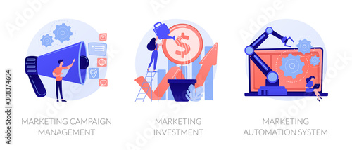 Business growth ways icon set. Workflow modernization. Marketing campaign management, marketing investment, marketing automation system metaphors. Vector isolated concept metaphor illustrations.