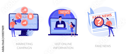 Press and mass media icons set. Propaganda newscast, untruth information spread. Yellow press, hot online information, fake news metaphors. Vector isolated concept metaphor illustrations.