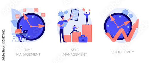 Performance increase ways icons set. Motivation and self discipline, goal achievement. Time management, self management, productivity metaphors. Vector isolated concept metaphor illustrations.