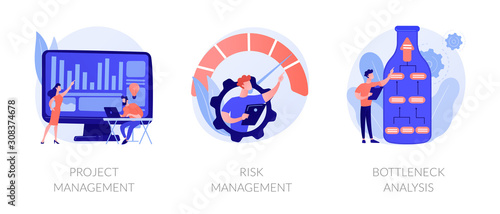 Business setting strategy icons set. Risks assessment, market niche search. Project management, risk management, bottleneck analysis metaphors. Vector isolated concept metaphor illustrations.