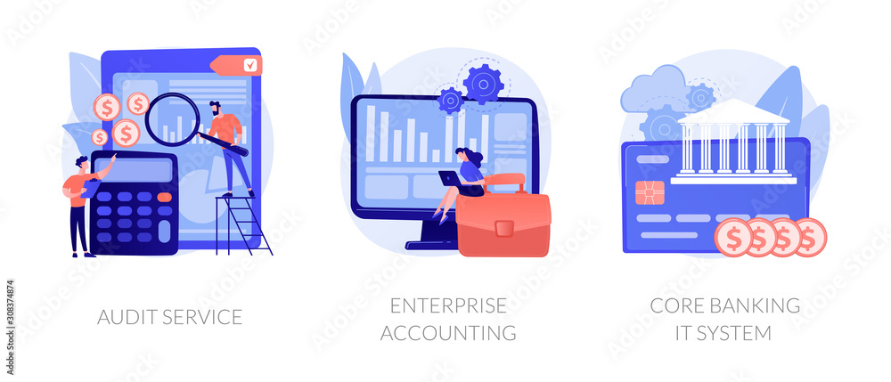 Financial analysis icons set. Company analysts, accountants cartoon characters. Audit service, enterprise accounting, core banking it system metaphors. Vector isolated concept metaphor illustrations