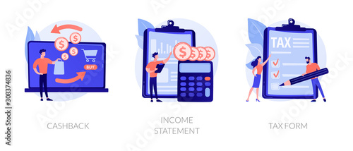 Accounting and bookkeeping cartoon web icons set. Money online refund. Financial consulting. Cashback, income statement, tax form metaphors. Vector isolated concept metaphor illustrations