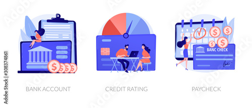 Financial services cartoon icons set. Debit card payment. Money savings, loan and deposit. Bank account, credit rating, paycheck metaphors. Vector isolated concept metaphor illustrations