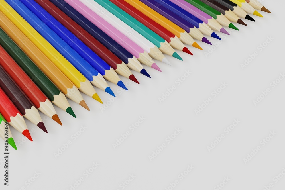 Random color pencils on white background. Quality 3d render.