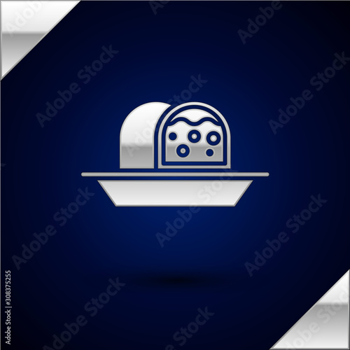 Silver Marzipan sponge cake icon isolated on dark blue background. Merry Christmas and Happy New Year. Vector Illustration