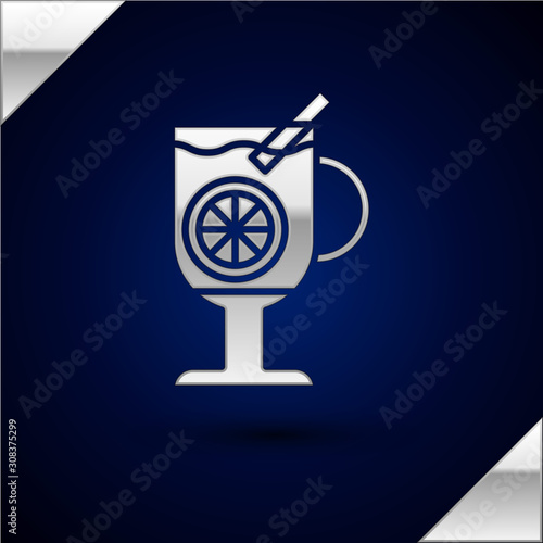 Silver Mulled wine with glass of drink and ingredients icon isolated on dark blue background. Cinnamon stick, clove, lemon slice. Vector Illustration