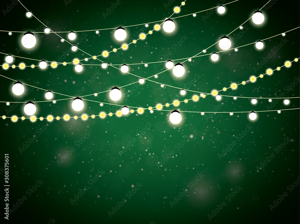 Abstract vector green background with christmas garland lamp lights decoration