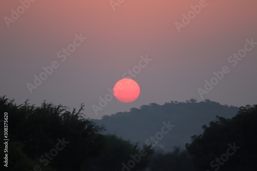 Beautiful blazing sunset landscape at over the meadow and orange sky above it. Amazing summer sunrise as a background © Dinesh