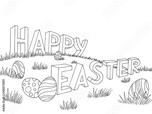 Happy Easter egg text letter grass hill graphic black white landscape background sketch illustration vector