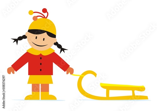 Little girl and sledge, vector illustration, white background. One person at red and yellow winter dress.