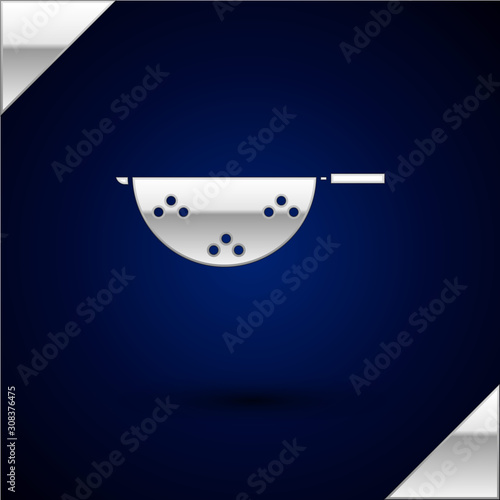 Silver Kitchen colander icon isolated on dark blue background. Cooking utensil. Cutlery sign. Vector Illustration