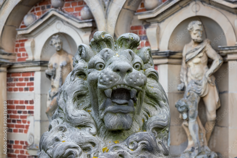 Lion and Other Statues in Frederiksborg Castle in Denmark