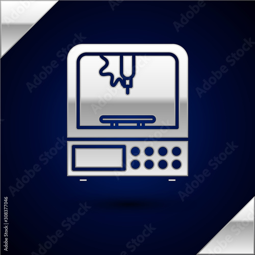 Silver 3D printer icon isolated on dark blue background. Vector Illustration