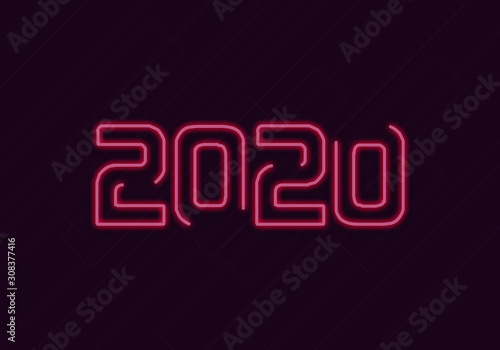2020 Neon Text. Happy new year 2020. Dark background