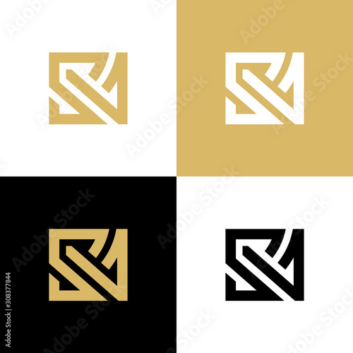Initial SV letter logo design template elements, golden color symbol, square shape typhography