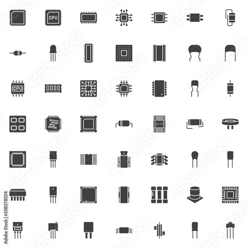 Computer components vector icons set, CPU chip modern solid symbol collection, filled style pictogram pack. Signs, logo illustration. Set includes icons as computer microprocessor, microchip circuit