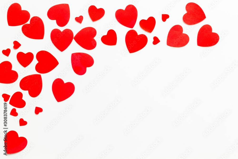 Valentine's Day design. Red hearts frame on white background top-down copy space