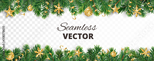 Vector Christmas decoration. Christmas tree border, frame with golden ornaments.