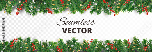 Vector Christmas decoration. Christmas tree border with holly berries.