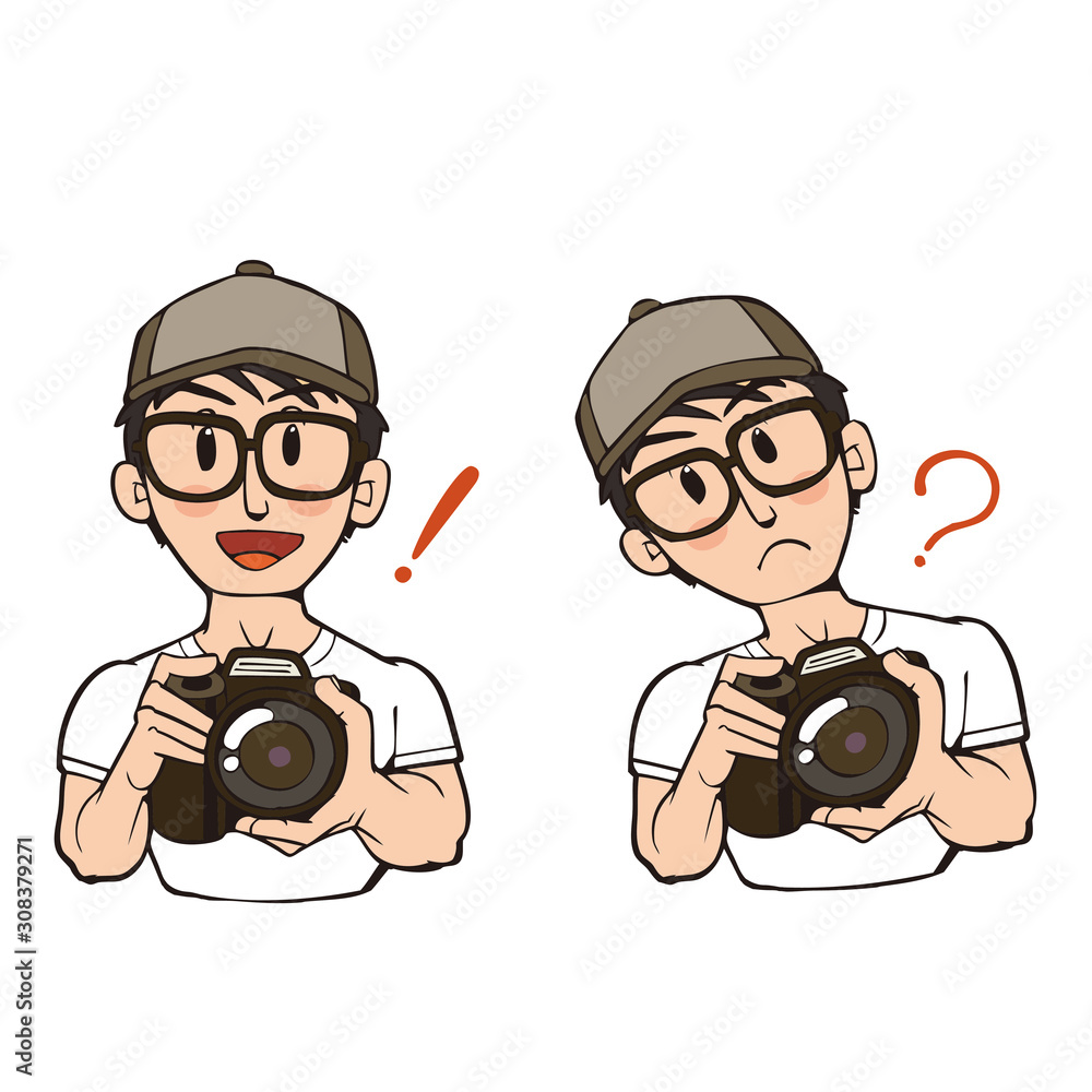 カメラを構えている若い男性 笑顔と困り顔のセット Stock Vector Adobe Stock