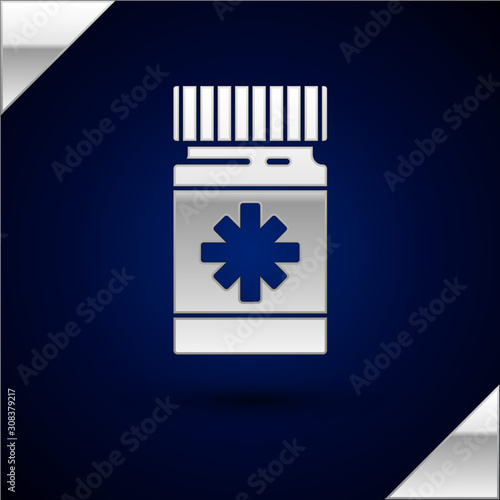 Silver Dog medicine bottle and pills icon isolated on dark blue background. Container with pills. Prescription medicine for animal. Vector Illustration