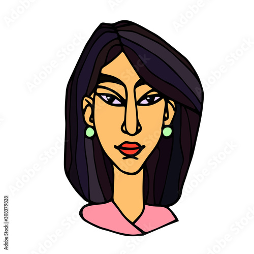 head of an asian japanese  young brunette girl with almond eyes, avatar, color vector illustration with black contour lines isolated on a white background in a hand drawn and cartoon style