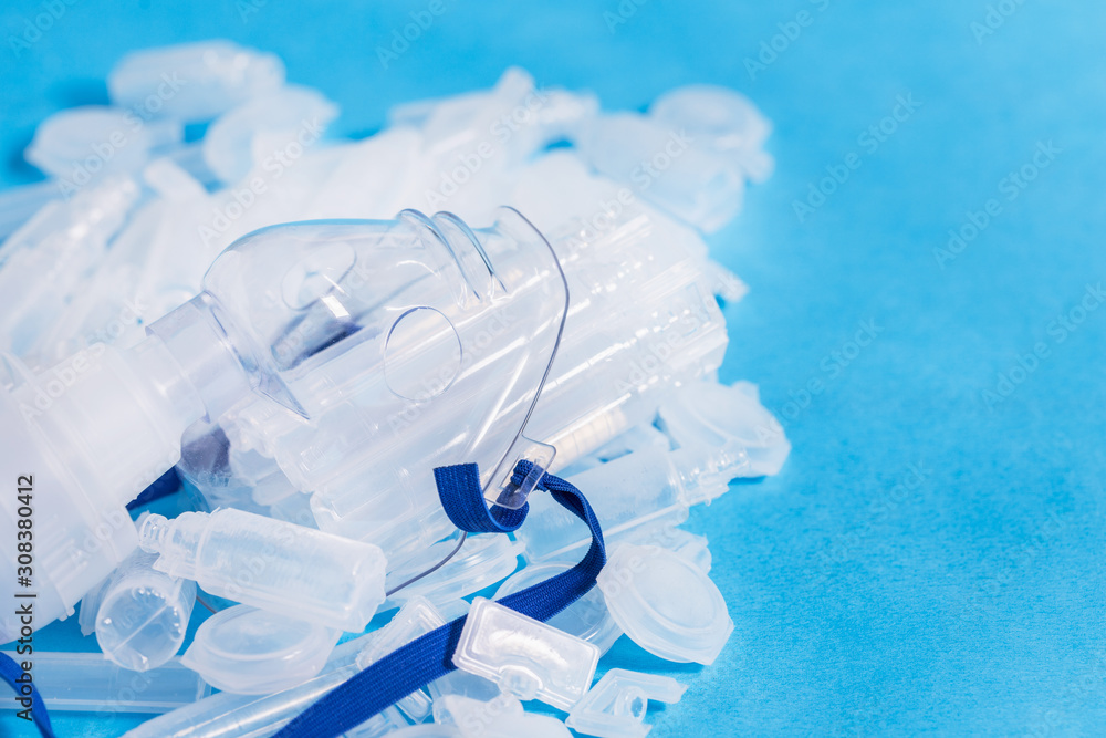 Mask for inhalation with opened empty bufuses or plastic ampoules ...