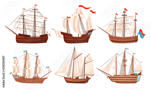 Vintage Sailing Ships Collection, Old Wooden Boats with White Sails and Flags Vector Illustration