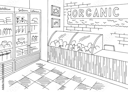 Grocery store organic shop interior black white graphic sketch illustration vector