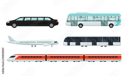 Public Transport Collection, Car, Airplane, Bus, Train Vector Illustration