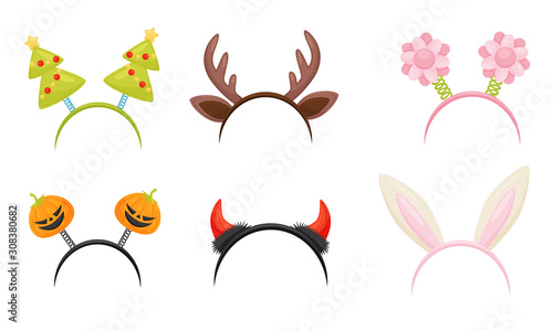 Collection of Cute Headbands for Carnival Party, Rabbit Ears, Deer Antler, Fir Tree, Flower, Devil Horns Vector Illustration