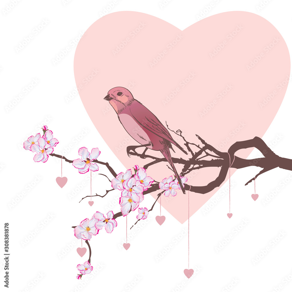 vector Velentine background with bird, heart and branch of cherry tree in pink colors EPS 10
