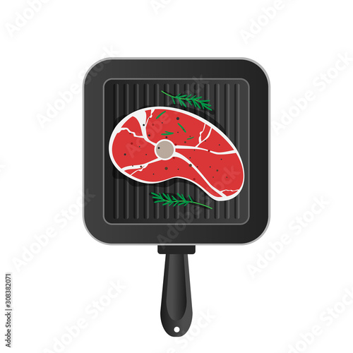 beef steak on grill pan frying top view vector illustration