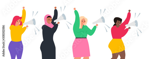 group of international woman shouting in megaphone vector illustration