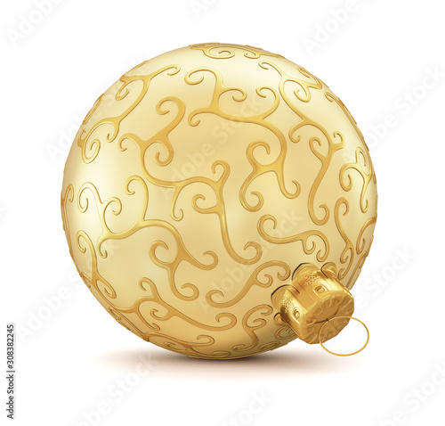 Golden ball Christmas toy on a white background. 3d render illustration.